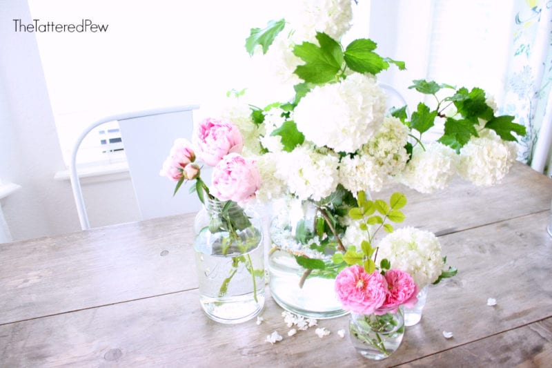 Peonies, Snowballs and DA Roses for the perfect summer centerpiece!