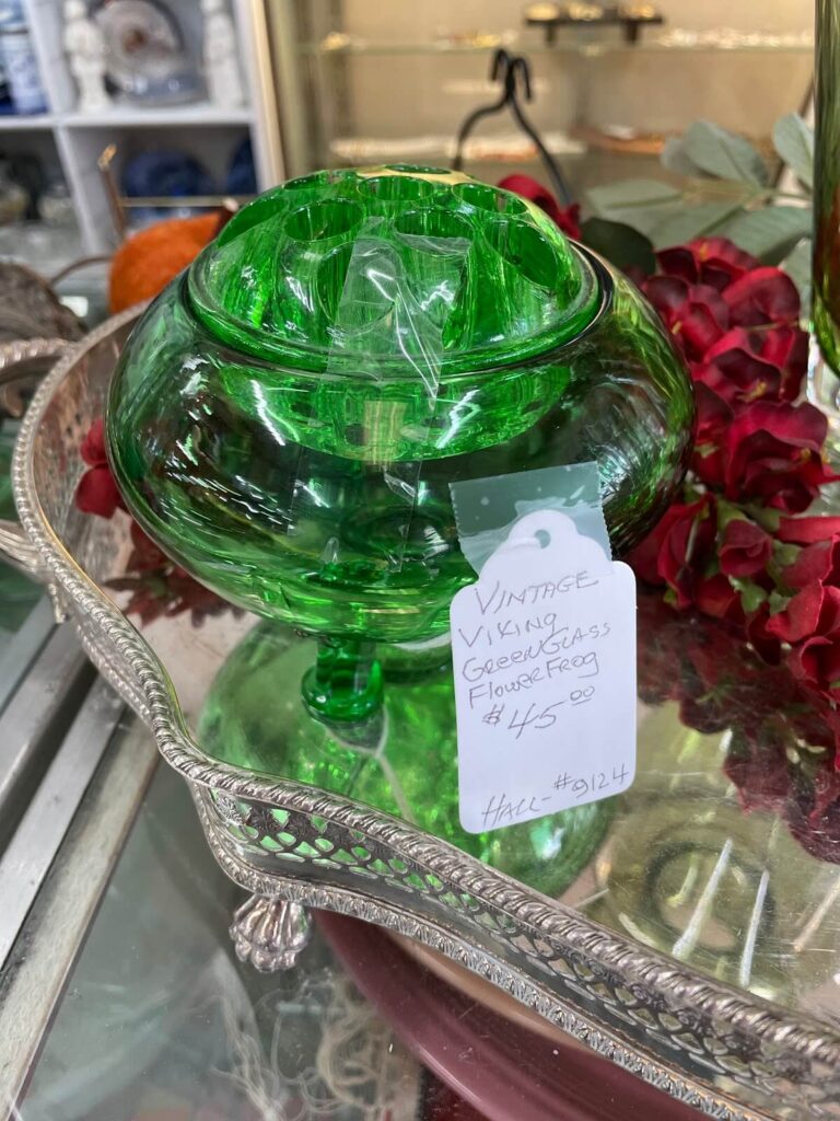 green glass vintage flower frog