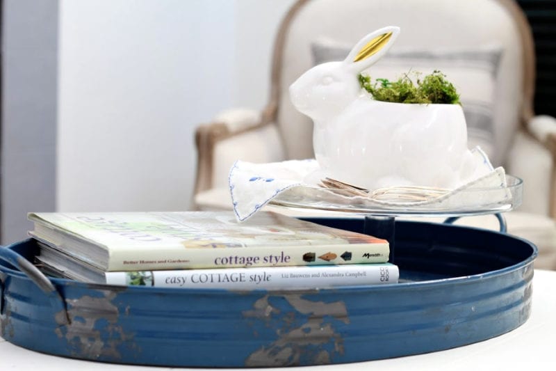 blue tray with books and bunny planter