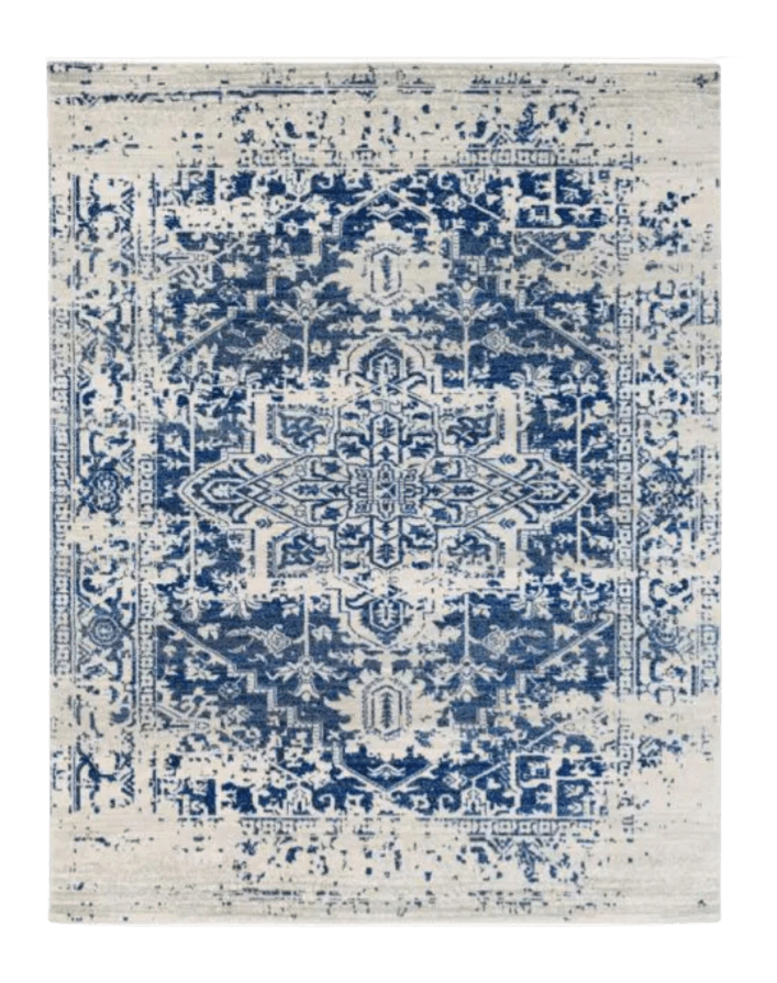 Blue and ehite oriental style rug from Home Depot.