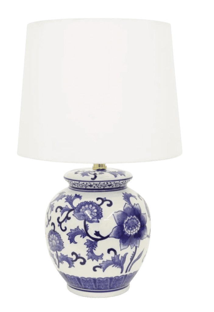 blue and white round chinoiserie lamp from home depot is beautiful!