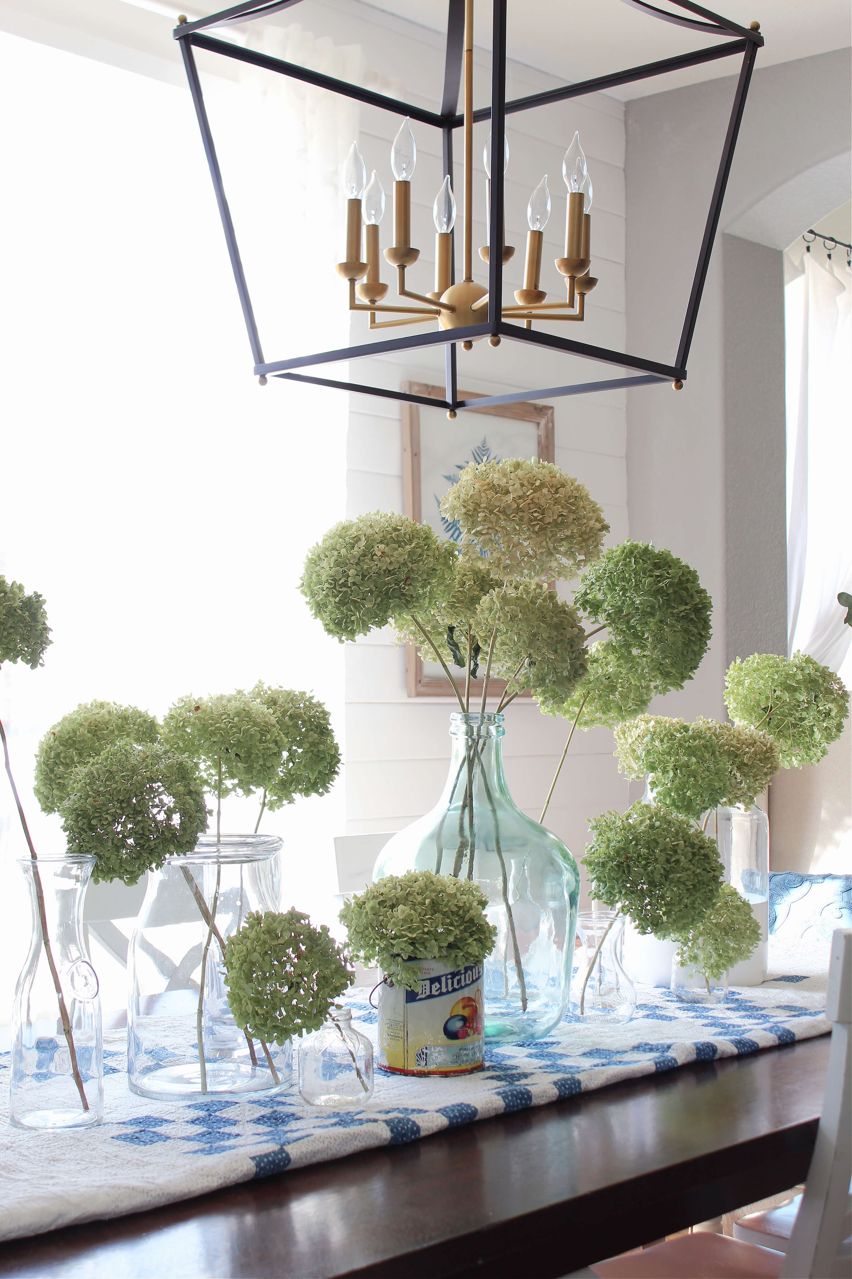 A Spring centerpiece of dried hydrangeas just perfect for Spring!