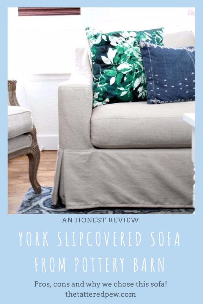 An honest review of our York Slope Arm Slipcovered Deep Seat Grand Sofa 95" with a bench cushion and down blend wrapped cushions