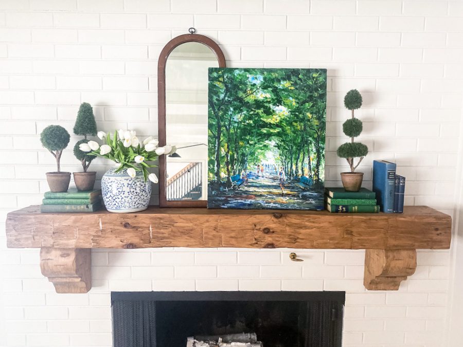 Spring mantel with blues and greens