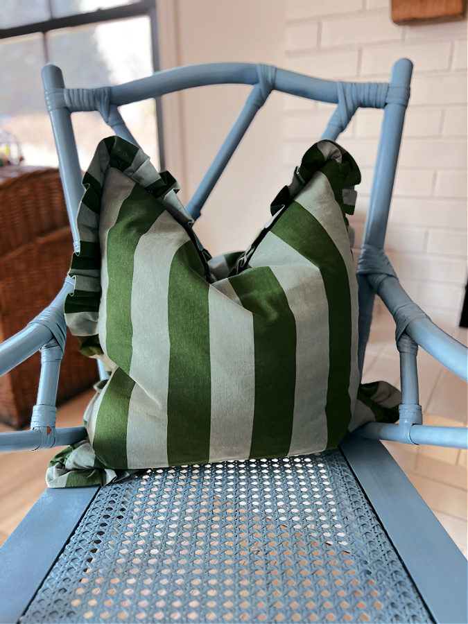 blue and green fat striped pillow with ruffles