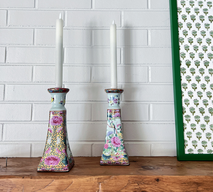 floral candlesticks on mantel