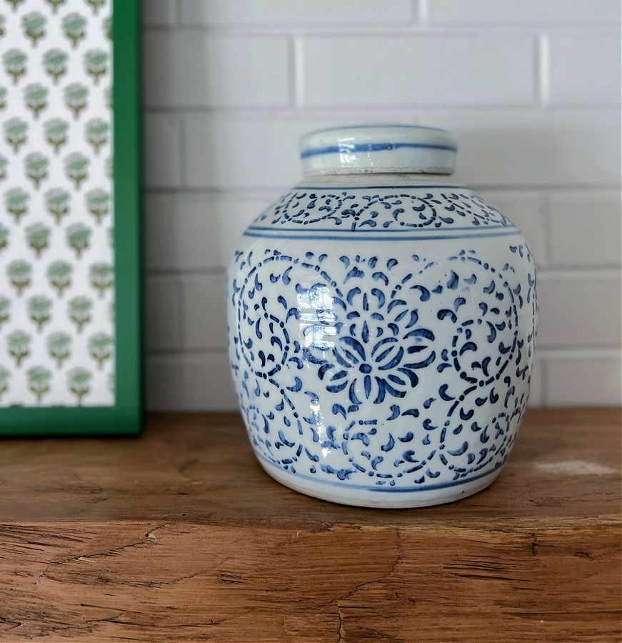 simple blue ginger jar on mantel