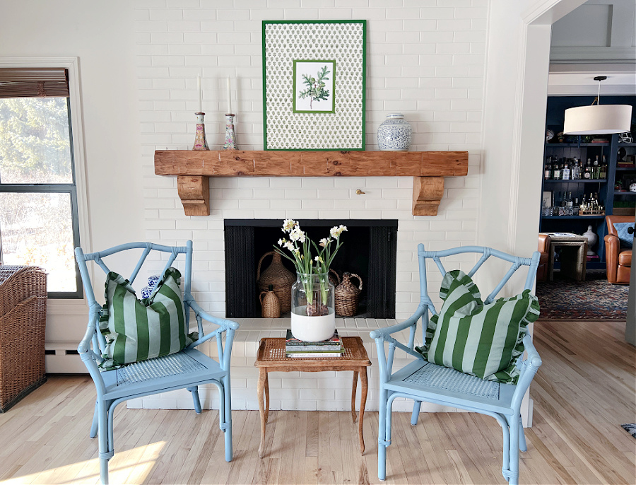 our blue and green colorful Spring fireplace styling ,Colorful Spring Fireplace Styling