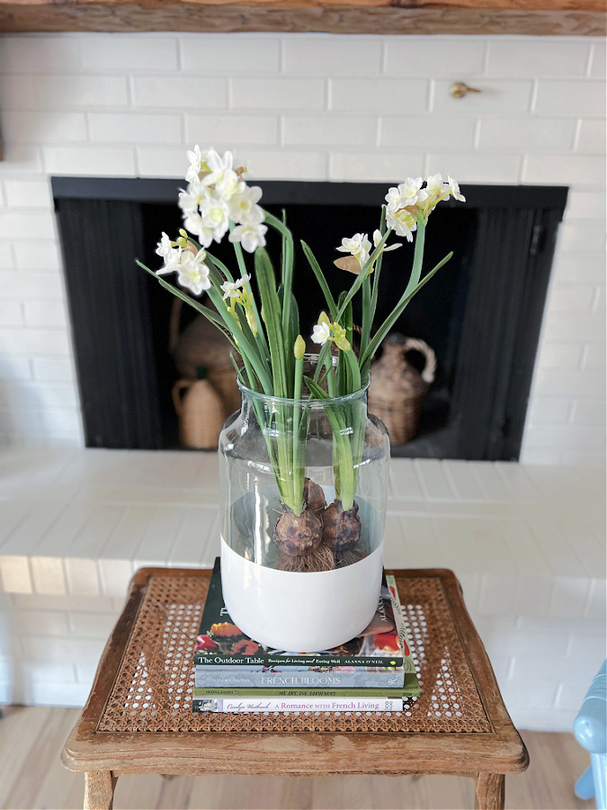 faux paperwhites in a large vase